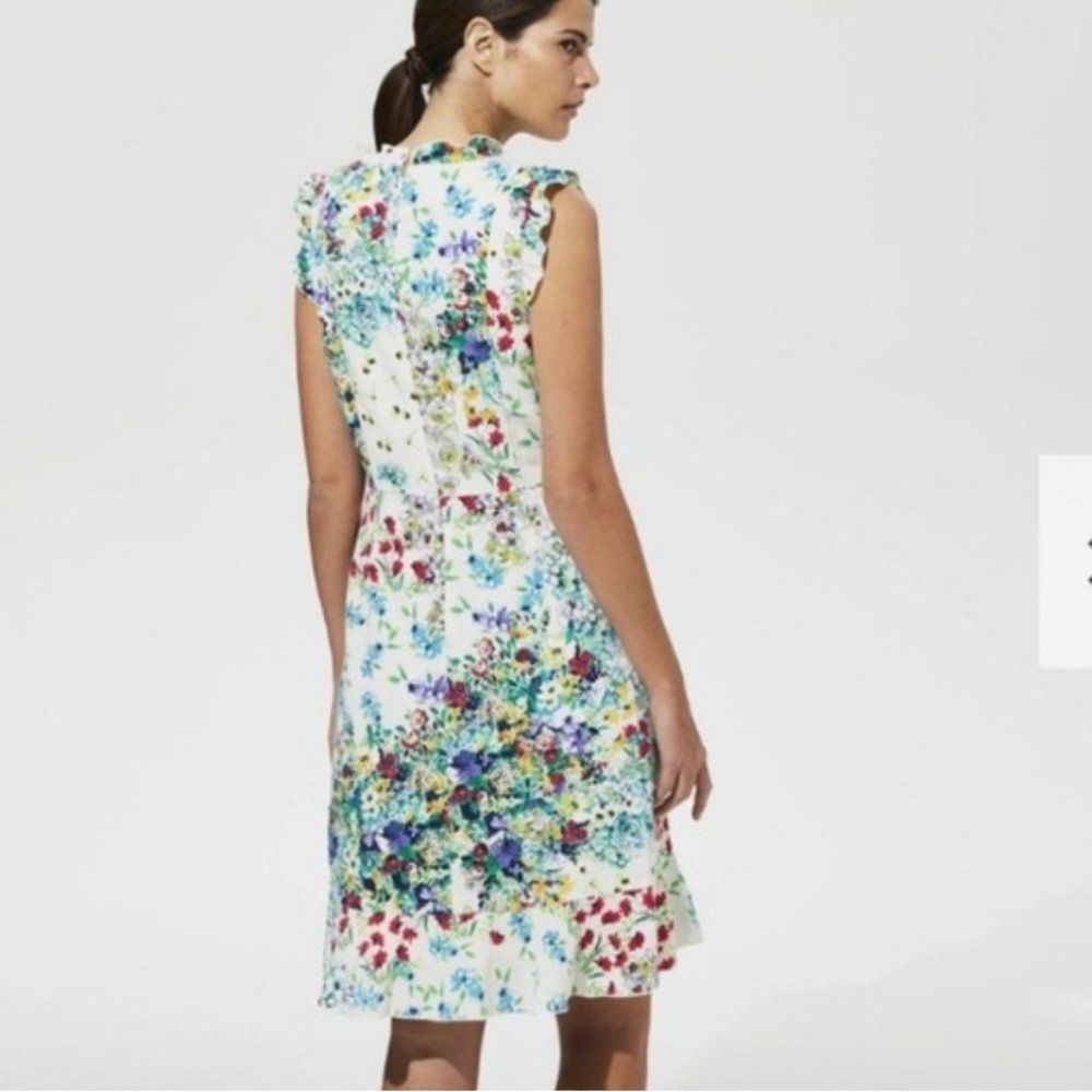 Karl Lagerfeld floral ruffels multi colored white base flute hem dress size 12